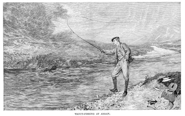 Trout Fishing at Arran Vintage engraving showing a men fishing for Trout on the Isle of Arran circa 1880. fly fishing scotland stock illustrations