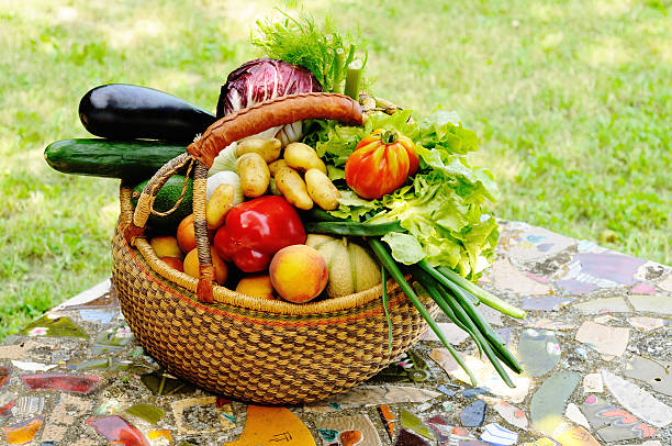 corbeille de fruits et de légumes d'été - market raw potato fruit basket photos et images de collection