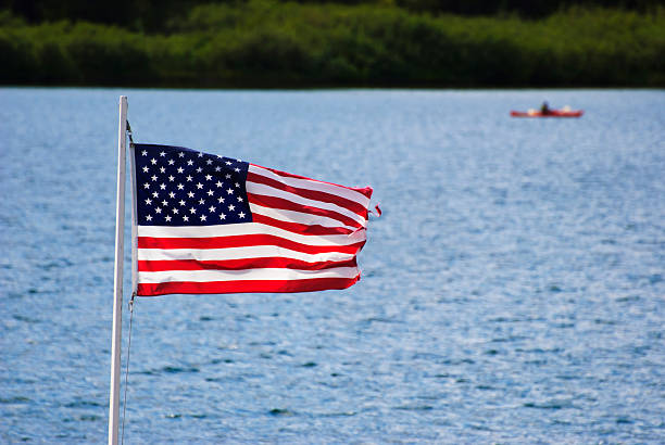 USA Flag and Lake stock photo