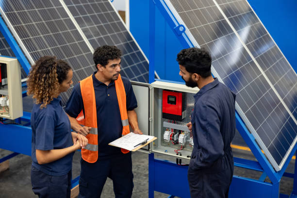 istock Group of solar panel operators talking at a manufacturing factory 1828385340