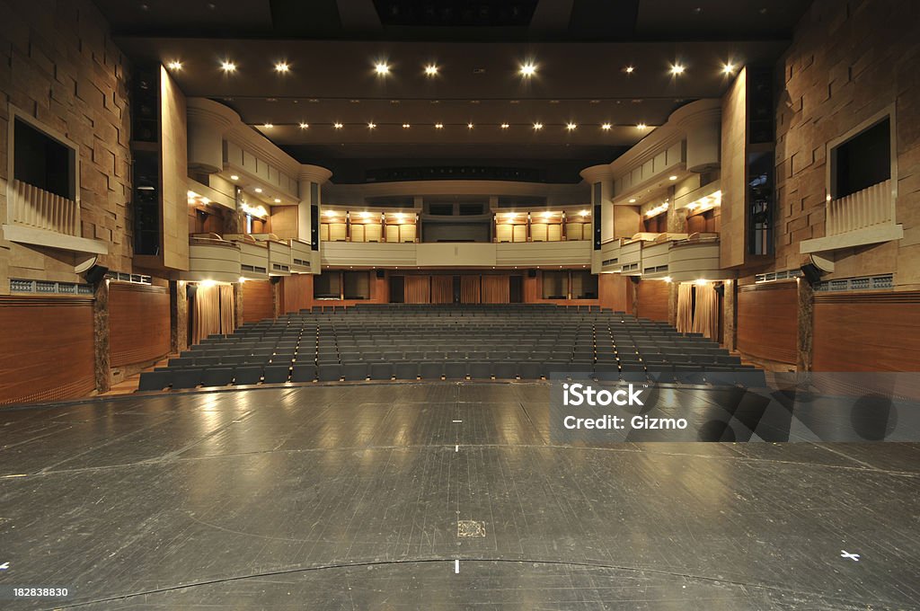 Theater stage View from the stage on the seats in clasical theater. Stage - Performance Space Stock Photo