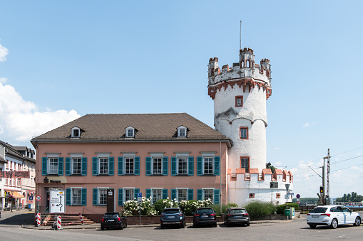 The Eagle Tower (Adlerturm) at the Rhine street (Rheinstrasse) in Rüdesheim am Rhein.