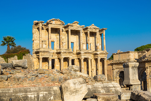 Ruins of Celsius Library in ancient city Ephesus, Turkey in a beautiful summer day