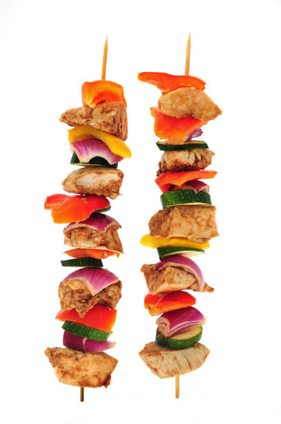 Chicken Shish kebobs on white background Two fresh chicken shish kebobs taken with a white background chicken skewer stock pictures, royalty-free photos & images