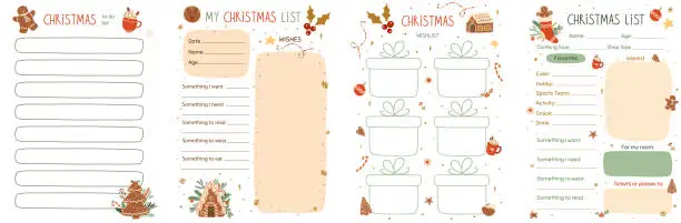 Vector illustration of Christmas wishes list template collection. Printable pages decorated tasty gingerbread cookies, house. Vector gift planner.