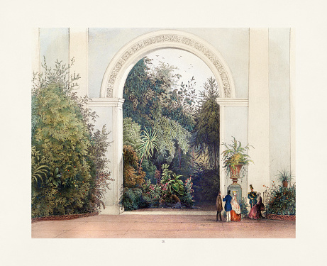 Antique 18th-century illustration: Winter gardens at Vienna's Imperial Palace Hofburg. This color lithograph depicts lush gardens, period-clad people strollingan enchanting glimpse into imperial history. Circa 1850.
