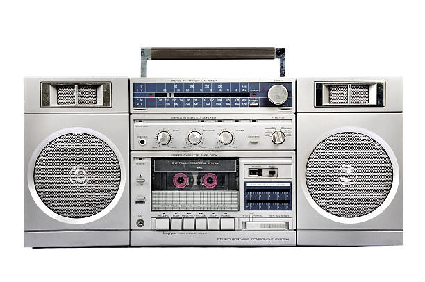 1980s Silver radio boom box  isolated on white. front stock photo