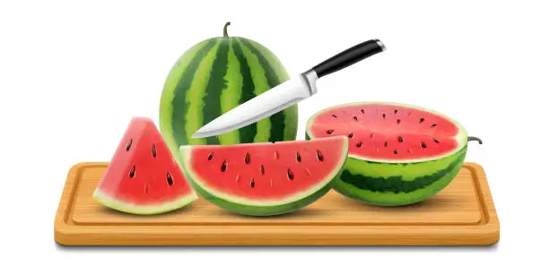 Vector illustration of Cutting board with ripe watermelon, isolated on white background. Sliced tasty whole and sliced watermelon on rectangular wooden cutting board with kitchen knife. Realistic 3d vector illustration