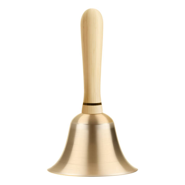 istock Bronze or golden handbell with wooden handle isolated on a white background. The vintage copper handbell. Realistic 3d vector illustration 1828410288