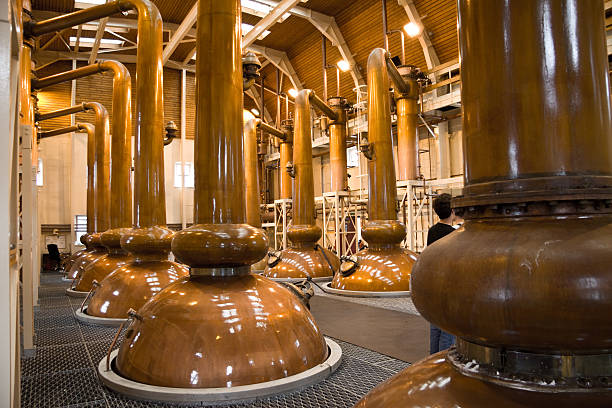 View of copper whiskey stills in a distillery Large whiskey distills in a whiskey distilery in Scotland. distillery still photos stock pictures, royalty-free photos & images