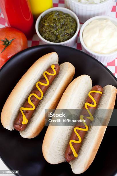 Pair Of Hotdogs Stock Photo - Download Image Now - Bun - Bread, Color Image, Directly Above