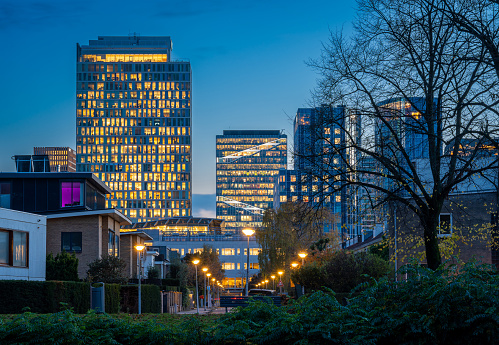Evening scene of Amsterdam Zuidas, modern business district at the southern part of Amsterdam