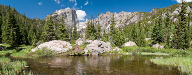 Panorama in Rocky Mountain National Park near Dream Lake.  Three horizontal images stitched in Photoshop CS4.