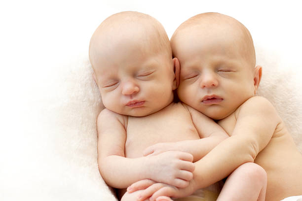 Newborn twins sleeping stock photo