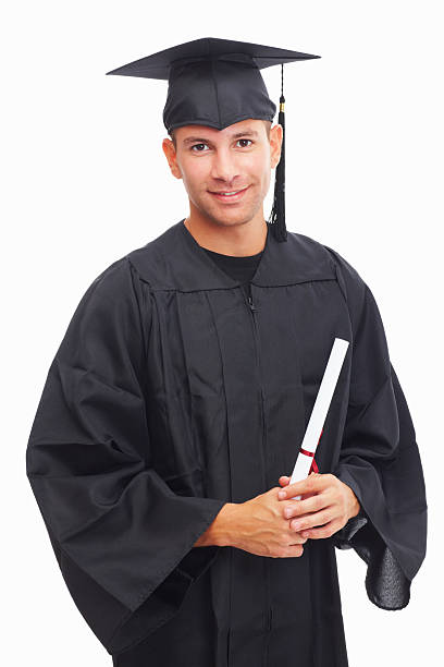istock Smiling young guy holding graduation certificate 182842766