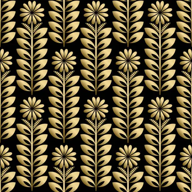 Vector illustration of Luxurious seamless pattern with golden ornament on black background. Template for design in antique style.