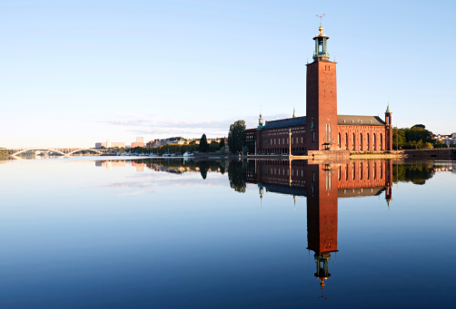 Architectural detail of Stockholm City Hall (Stockholms stadshus), seat of Stockholm Municipality in Stockholm, Sweden and venue of the Nobel Prize banquet and a major tourist attraction.