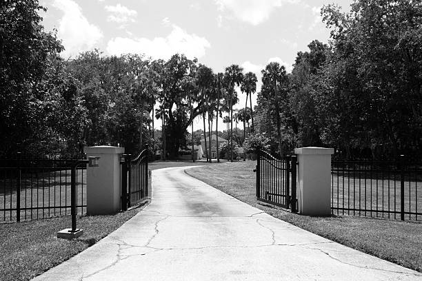 Long Driveway With Open Gate.