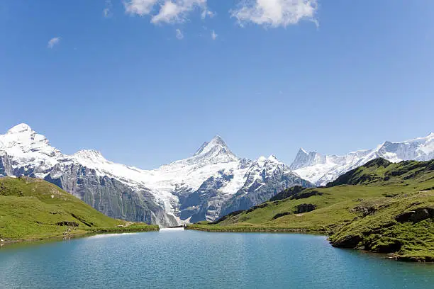 Beautiful scenery at the Bachalpsee (Lake Bachalp) with the Alps in the background. The Bachalpsee is located above Grindelwald (Switzerland).