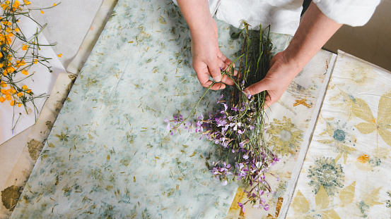 Top view. Textile artist, bouquet of wild flowers in hand. Fabric dyed with natural flower patterns. Copy space banner