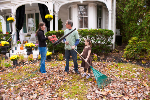 wife showing her husband a leaf blower instead of raking the leaves by handClick here to view my other People and Related images