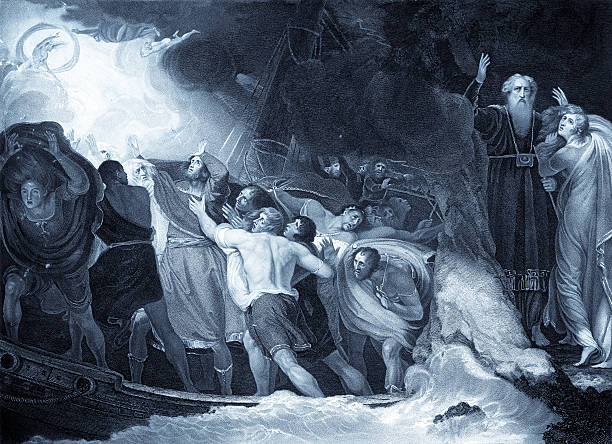 William Shakespeare's The Tempest "Vintage engraving of the first act and scene of Shakespeare's play, The Tempest." engraving william shakespeare art painted image stock illustrations