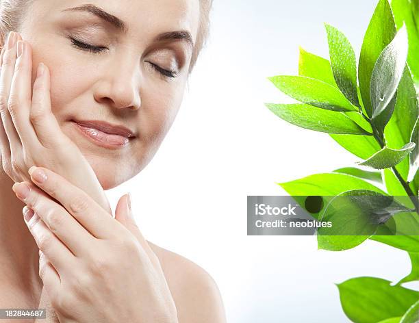 Facial Massage Of Woman With Green Leaf Stock Photo - Download Image Now - 35-39 Years, Adult, Adults Only