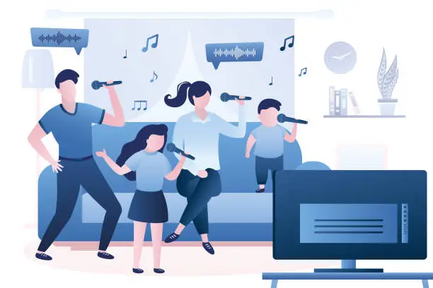 Vector illustration of Music, karaoke time. Parents with children sings songs. Family sings and dancing. Living room interior. People use microphones. Home party, weekend or holiday entertainment.