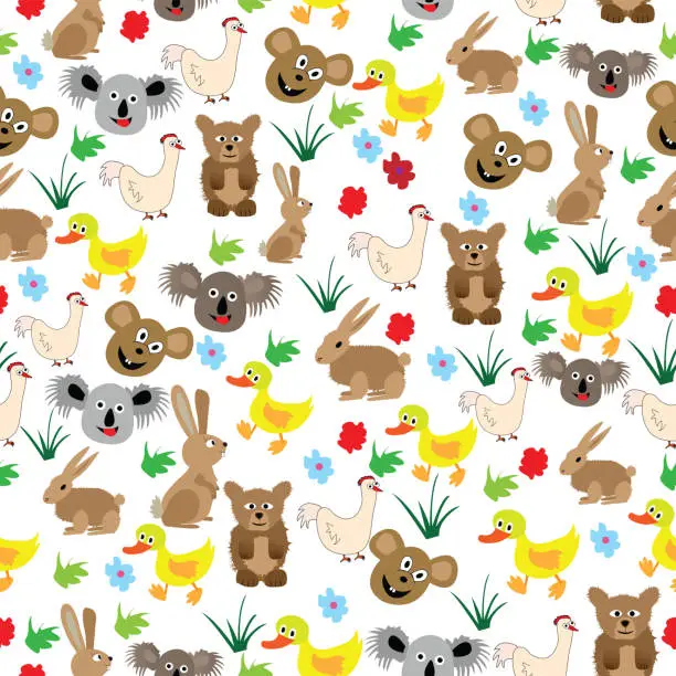 Vector illustration of Comical seamless pattern with wild and domestic animals white background