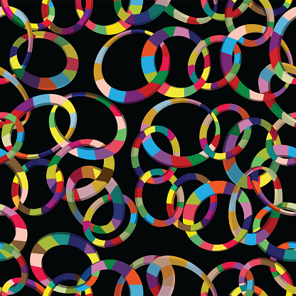 Tangled colorful 3d circles seamless pattern on black background; chain colorful pattern