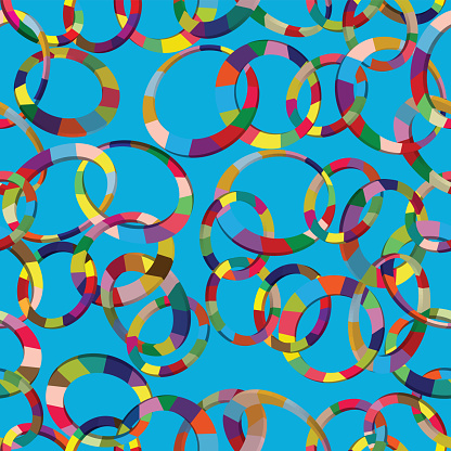 Tangled colorful 3d circles seamless pattern on blue background; chain colorful pattern