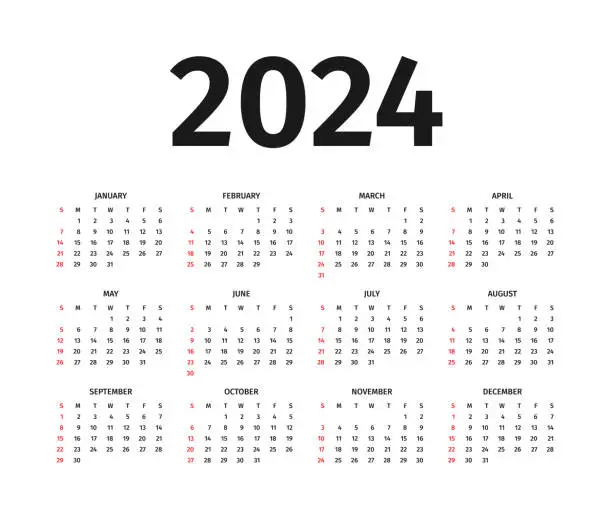 Vector illustration of Calendar for 2024 year. Calendar template, layout in black and white colors. Annual 2024 calendar mockup on white background. Week starts on Sunday