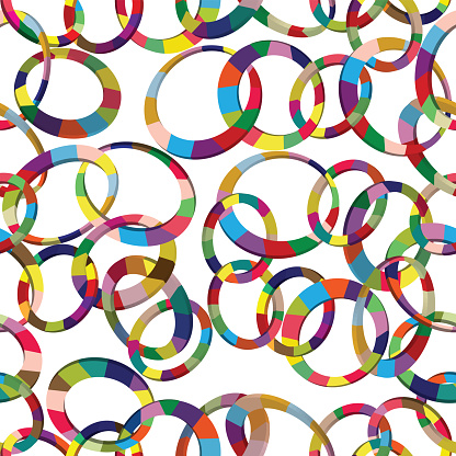 Tangled colorful 3d circles seamless pattern on white background; chain colorful pattern