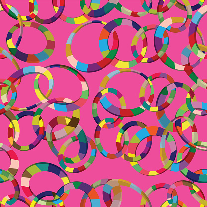 Tangled colorful 3d circles seamless pattern on pink background; chain colorful pattern