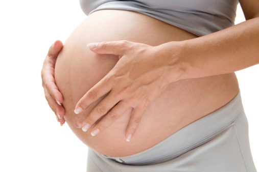 Woman holding her pregnant belly. White background.Similar Images: