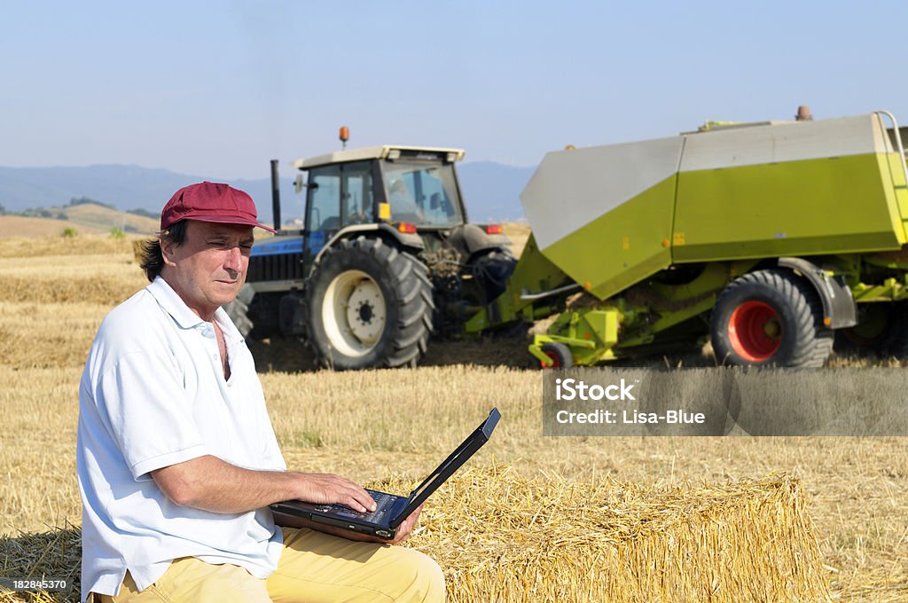 Longue agriculteur avec un ordinateur portable dans un champ de blé - Photo de 45-49 ans libre de droits