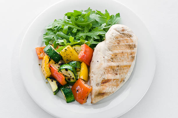 Chicken and roasted veg with lettuce on white plate Grilled chicken and vegetables with arugula salad on a white background  atkins diet stock pictures, royalty-free photos & images