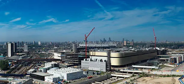 Panoramic view of the huge  London Olympic construction site in Stratford, London. This development is part of the regeneration plan for the east of the capital in preparation for the Summer games. The Olympic stadium can been seen behind a new shopping centre and railway station. Familiar landmarks like St Paul's, The Gherkin and the Post Office Tower are visible on the skyline.