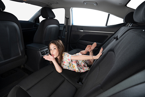 Child having fun or rear car seat with isolated windows