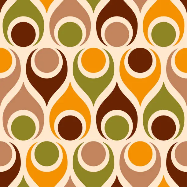 Vector illustration of Retro Atomic teardrops brown yellow mid-century pattern