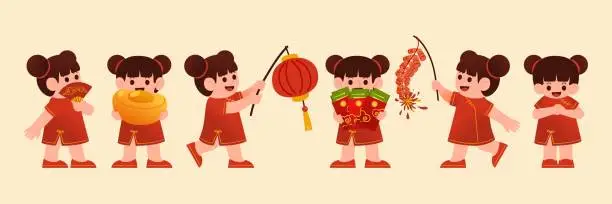 Vector illustration of Chinese New Year Celebration with Girls in Traditional Costume, Vector, Illustration