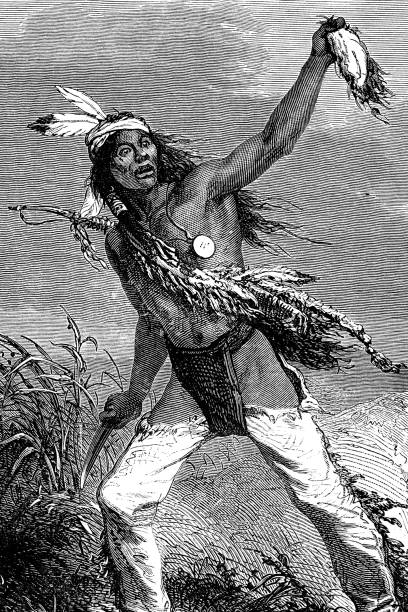 Engraving of native american chief cutting scalp 1868  comanche indians stock illustrations