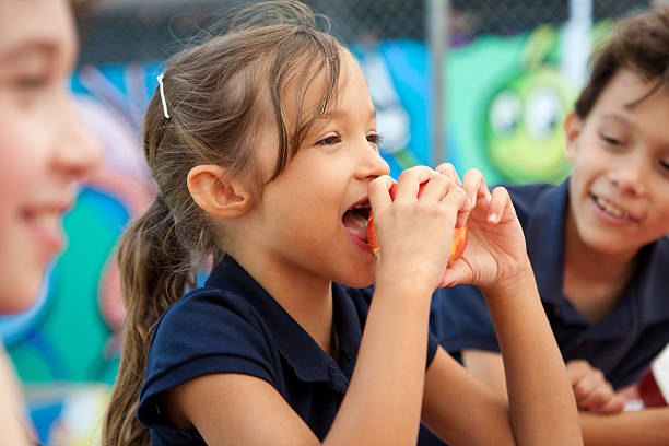 A young girl eats a fruit during lunch break at school stock photo