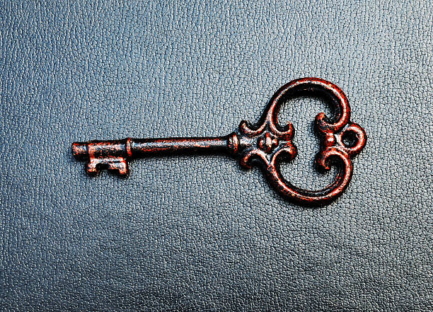 istock Ornate copper colored skeleton key on leather grain dark background 182848121