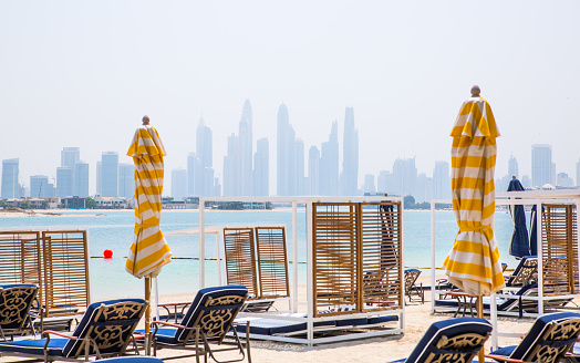 Dubai, United Arab Emirates - August 26, 2023: Dubai Marina with skyscrapers view from the Palm Jumeirah