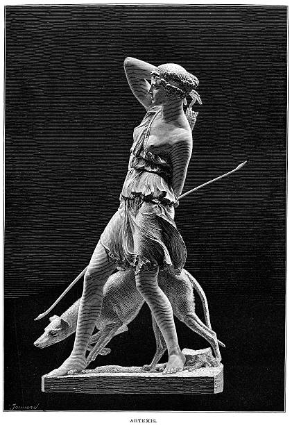 Ancient Statue of the Goddess Artemis "Vintage engraving of Artemis Ancient Greek Goddess of the Hunt, Forests and Hills, the Moon. In roman mythology her name was Diana." Artemis stock illustrations