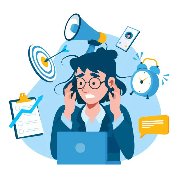 Vector illustration of Vector of a stressed multitasking business woman