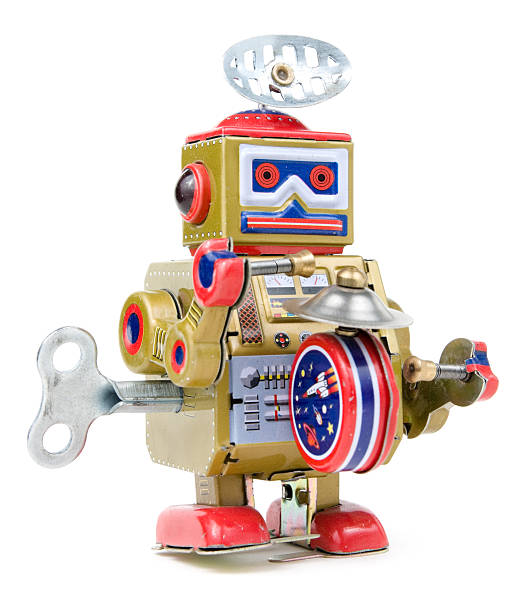 istock Wind up vintage toy robot on a white background 182848934