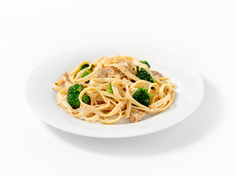 Grilled Chicken with Broccoli Fettuccini in a Creamy Tomato Sauce with Natural Drop shadow -Photographed on Hasselblad H1-22mb Camera