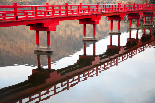 Japanese bridge on the autumn lake